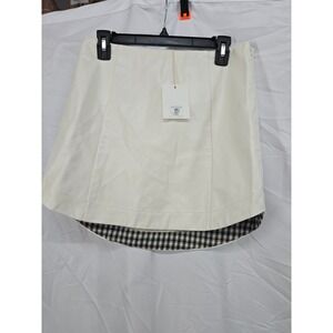 Moodie Apricot Lane Cream White Faux Leather Plaid Lined Mini Skirt‎ Size M NWT